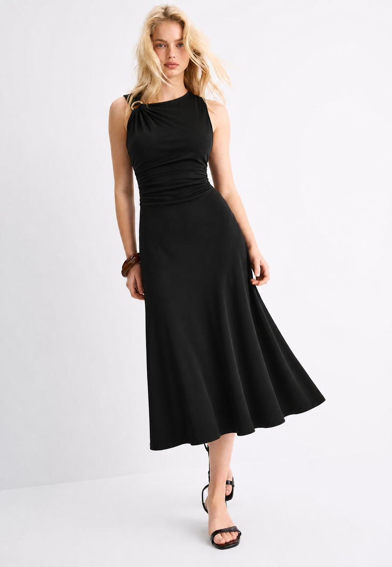 Asymmetric Ring Midi Dress – Noir Edition