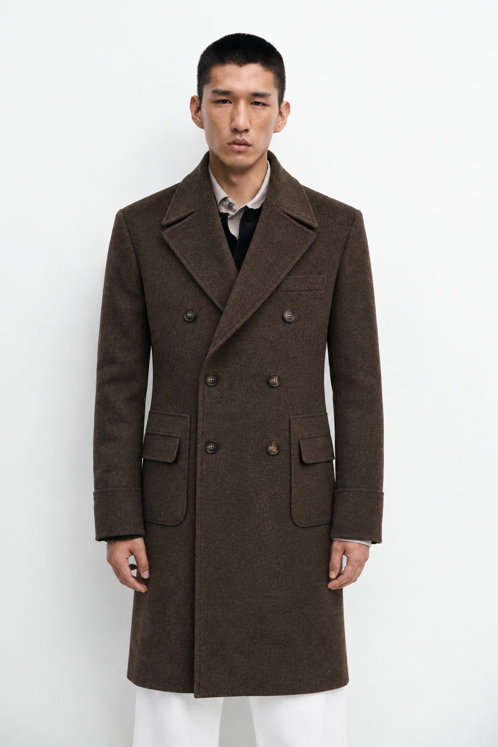 Arden Brown Wool Coat worn by model, front detail view