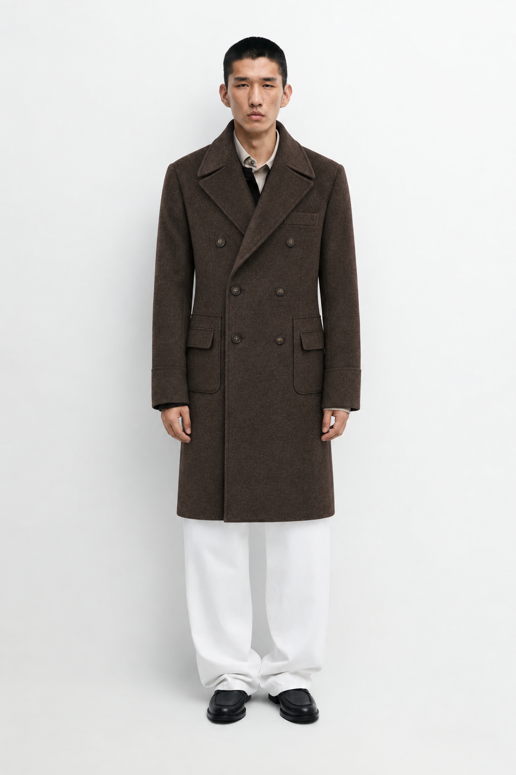 Arden Brown Wool Coat Coat worn by model, full front view
