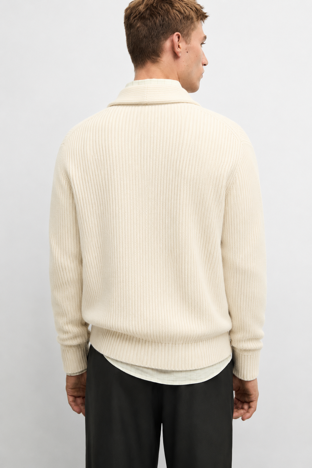 Navy Ribbed-Knit Wool Cardigan