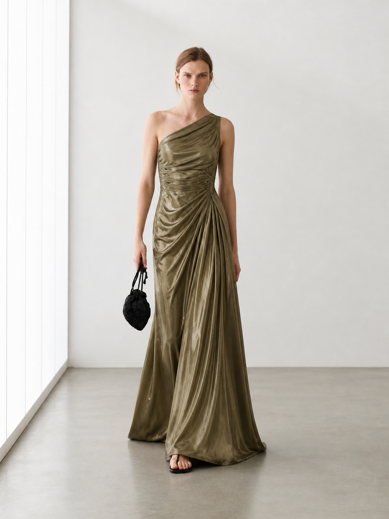 Solid Gathering Skew Collar Maxi Dress