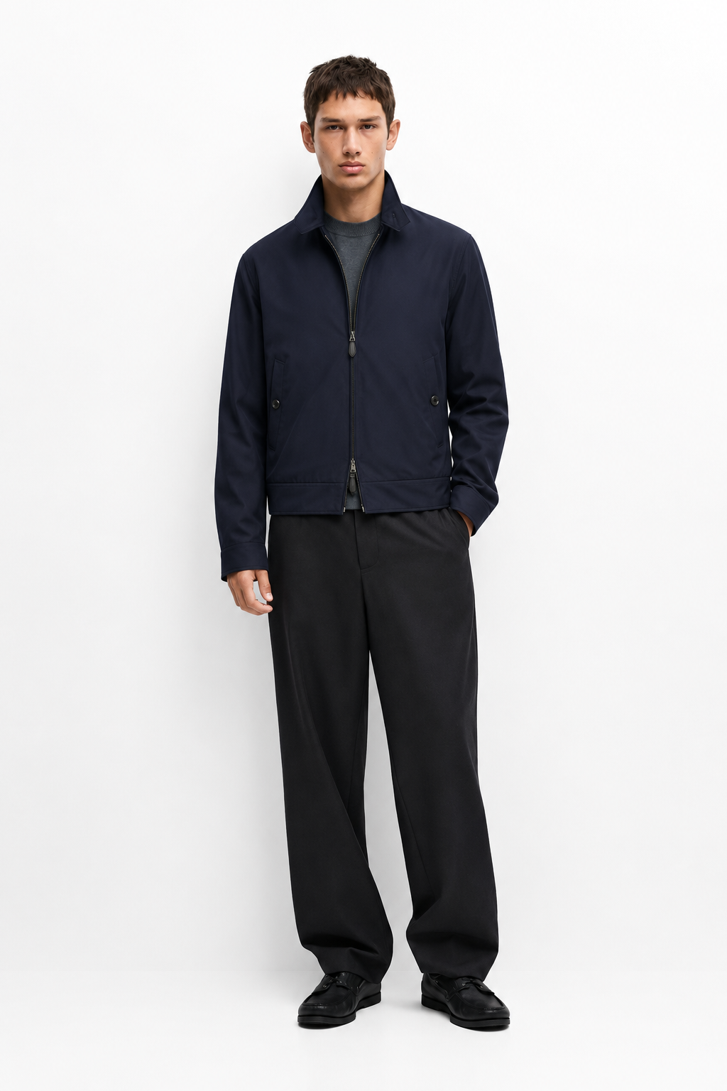 Bellmont navy jacket on model, raised collar, full view