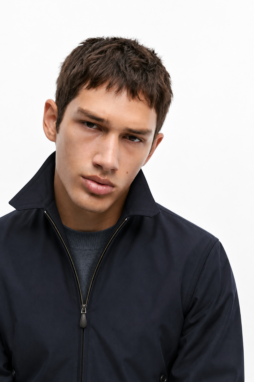 Bellmont navy jacket on model, raised collar, portrait view