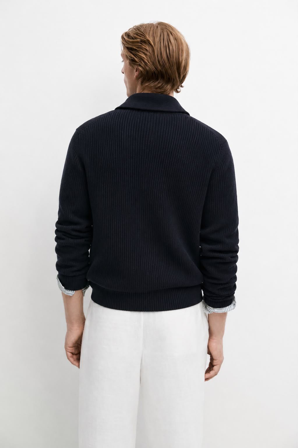 Navy Ribbed-Knit Wool Cardigan