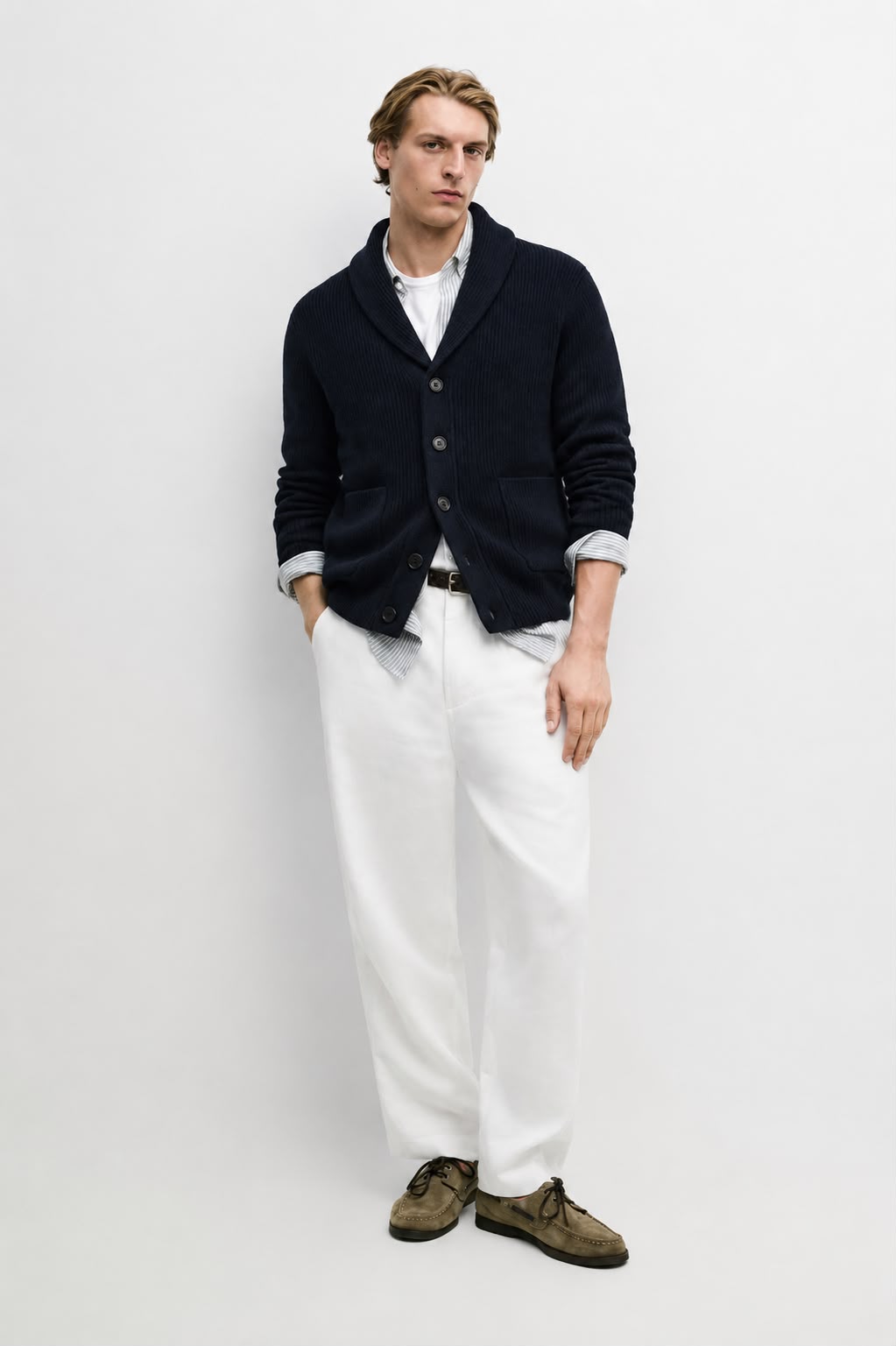 Navy Ribbed-Knit Wool Cardigan