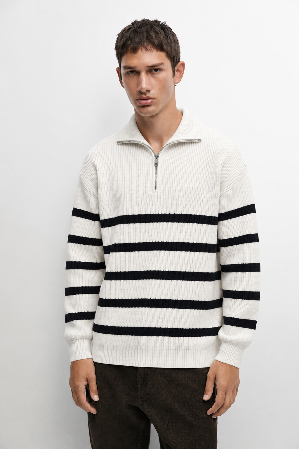 Riviera striped quarter-zip sweater on model