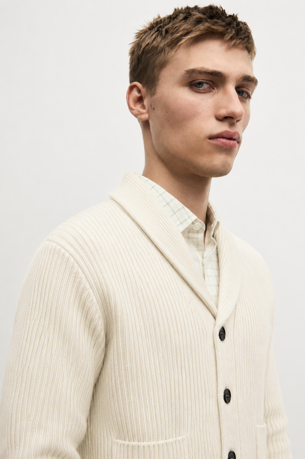 Navy Ribbed-Knit Wool Cardigan