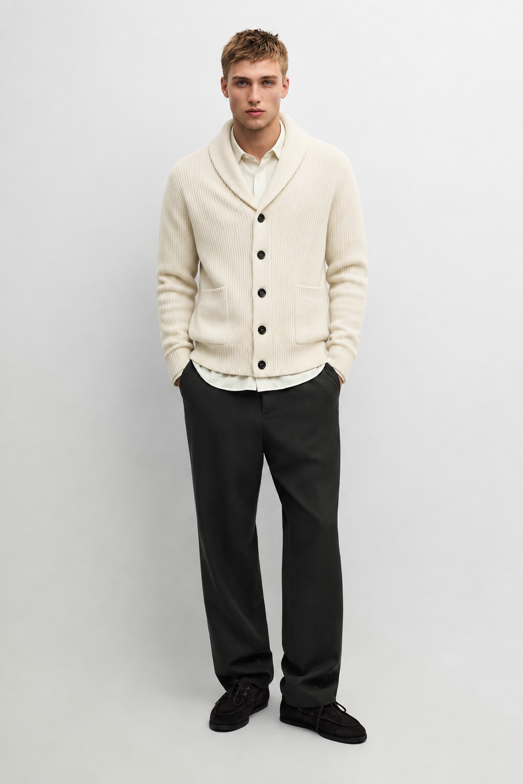 Navy Ribbed-Knit Wool Cardigan