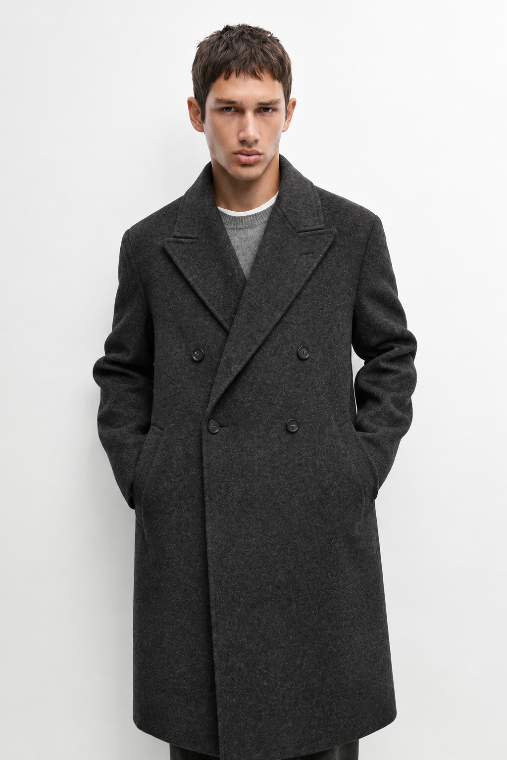 MELO Alden Double-Breasted Overcoat front and lapel detail