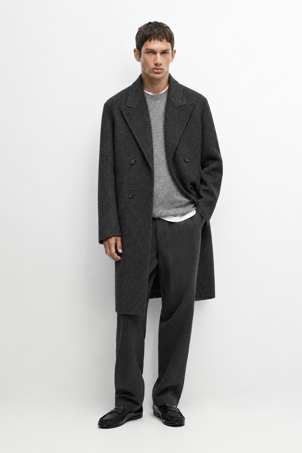 MELO Alden Double-Breasted Overcoat charcoal full-length model view