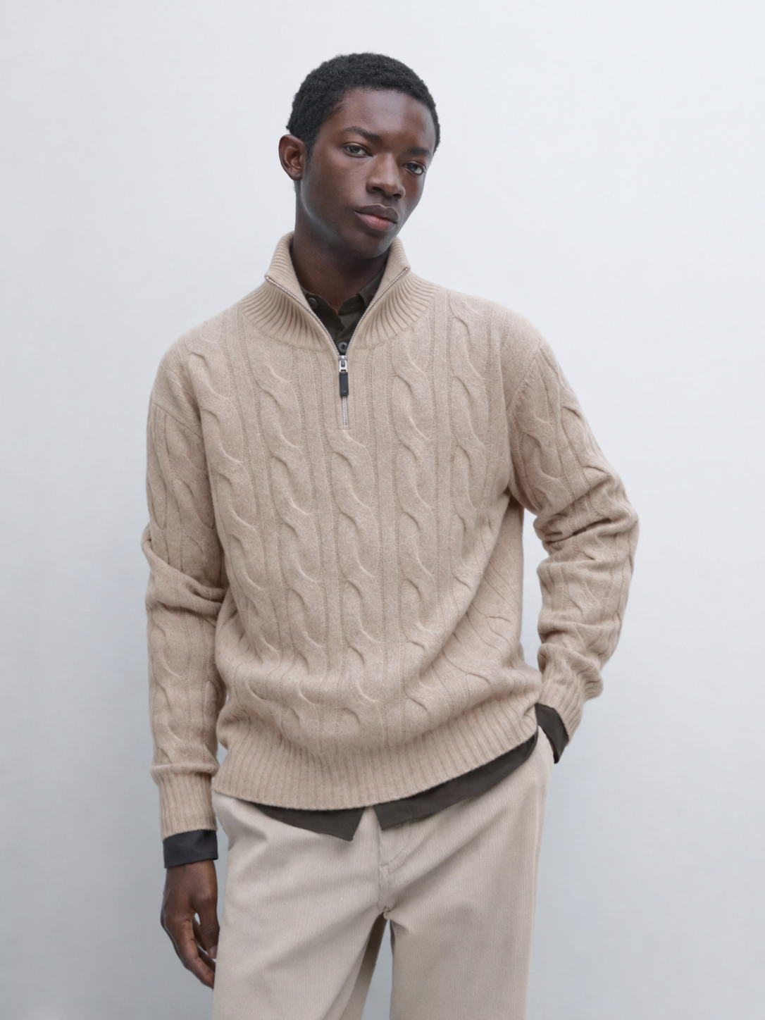 MELO Alden beige cable-knit half-zip sweater close front view