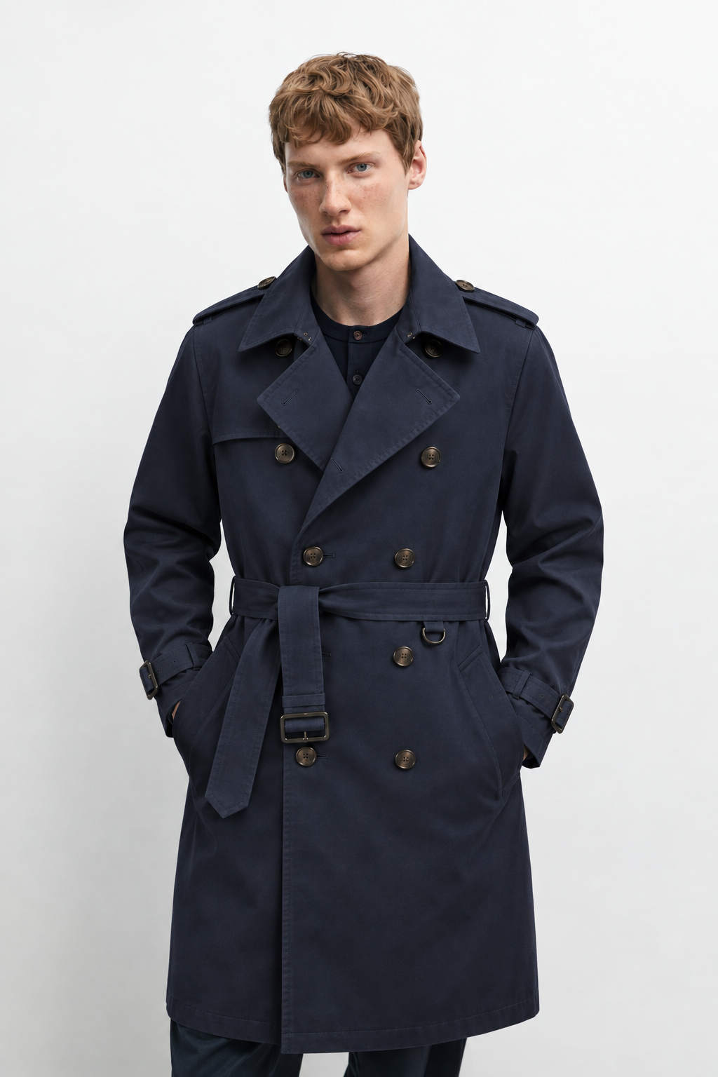 Model wearing the MELO Armand navy trench coat, close front view