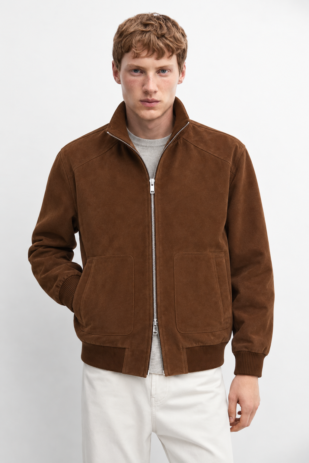 MELO Astor cognac jacket front detail with stand collar, zip and patch pockets