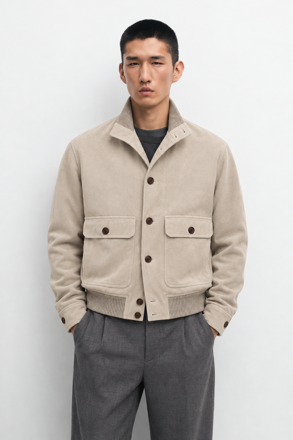 MELO Belgrave Jacket front detail showing collar, buttons and pockets
