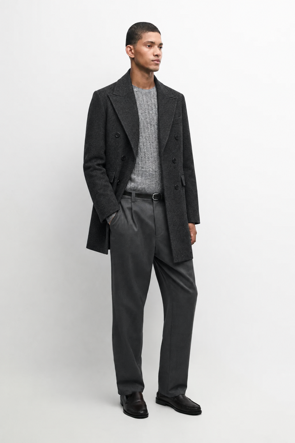 Model wearing the MELO Laurent charcoal wool-blend coat