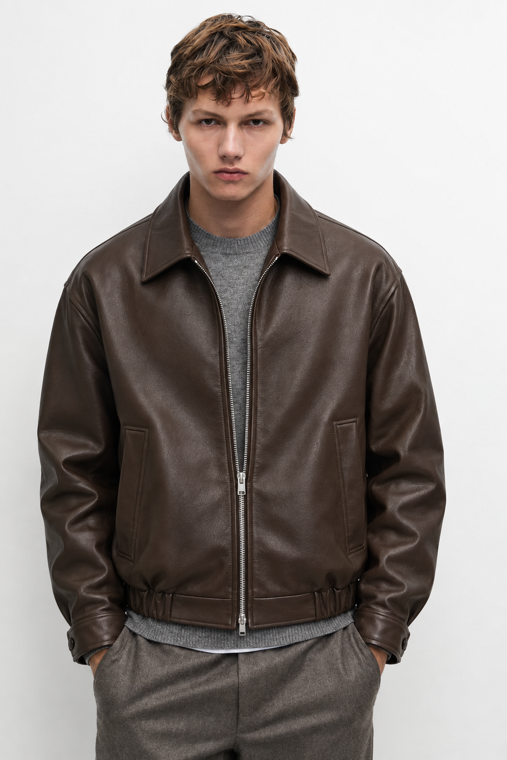 MELO espresso brown blouson jacket, front view on model