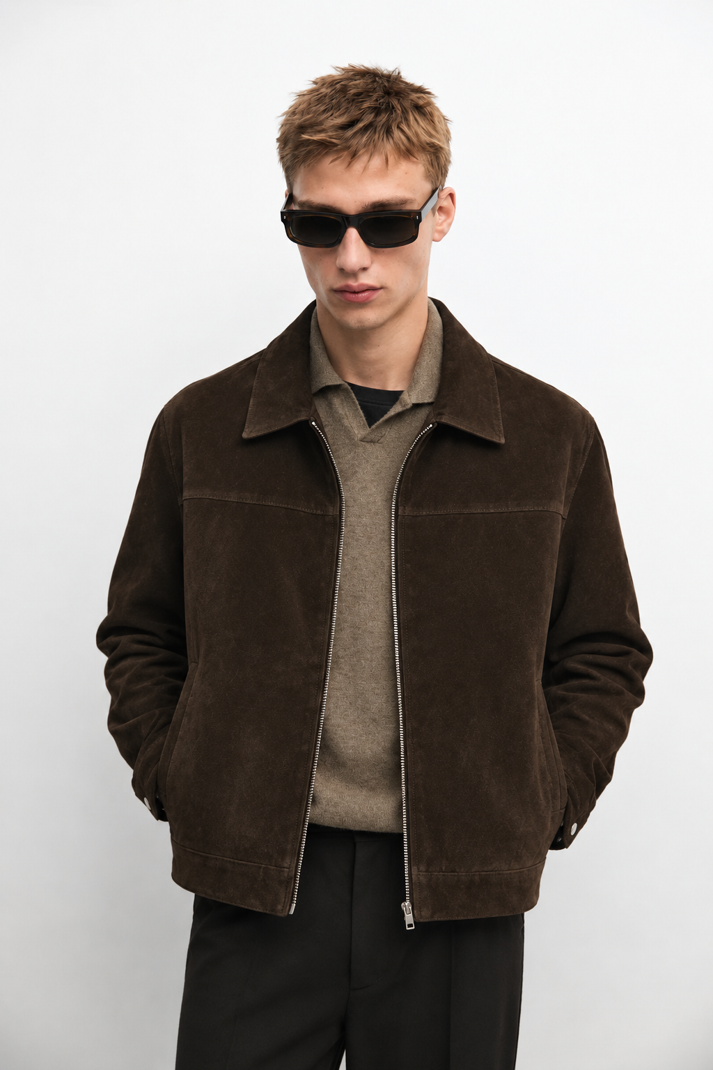 MELO Varenne dark brown jacket front detail showing collar, zip and pockets